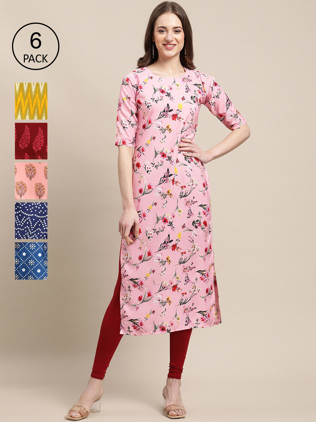 7Threads Women Pack Of 6 Multicoloured Ethnic Motifs Printed Summer Sheers Crepe Kurta