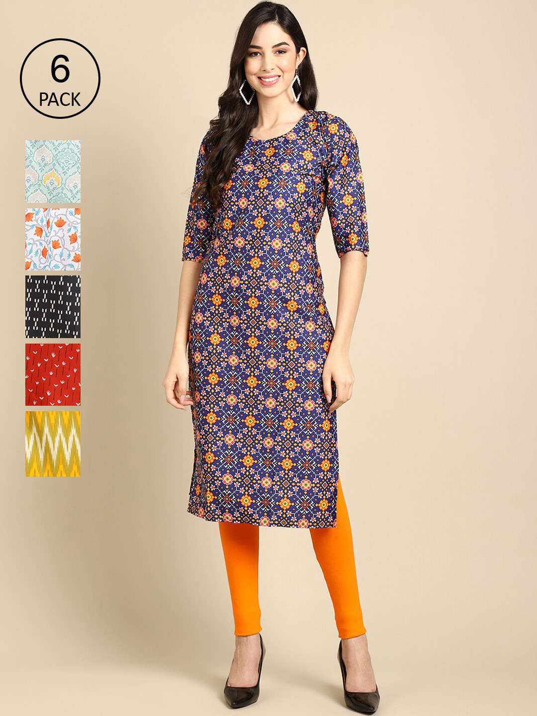 7Threads Women Set Of 6 Geometric Printed Round Neck Summer Sheers Crepe Kurta