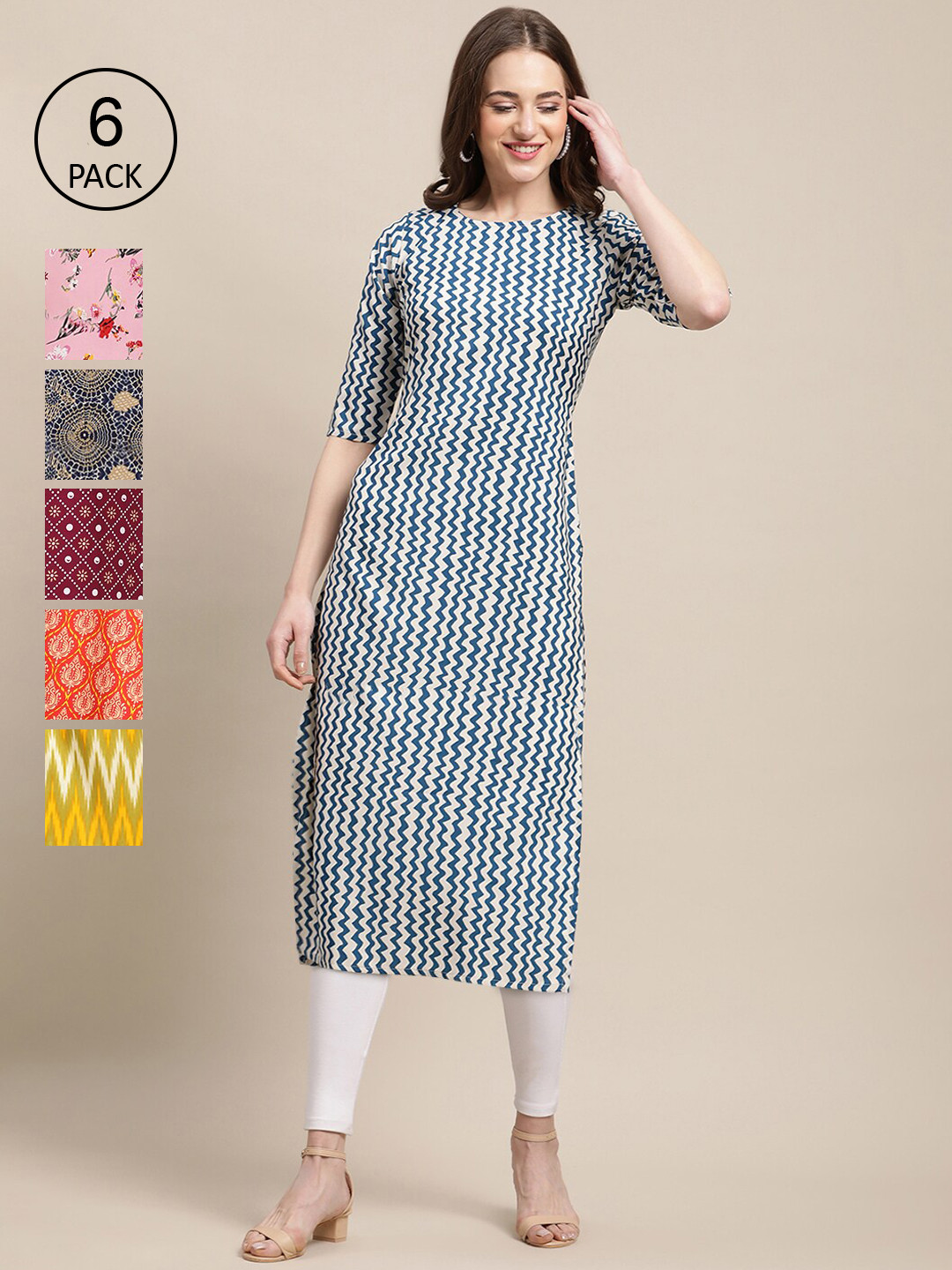 1 Stop Fashion Women Pack Of 6 Ethnic Motifs Printed Thread Work Summer Sheers Crepe Kurta