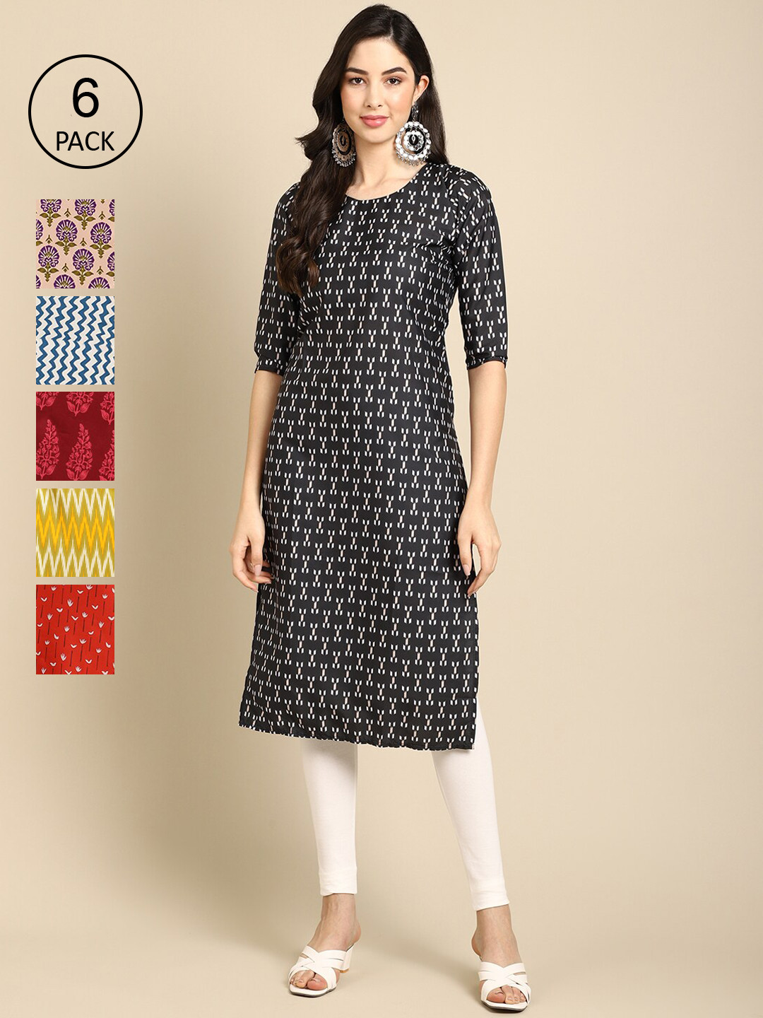 7Threads Women Red And Blue Ethnic Motifs Printed Summer Sheers Crepe Kurta PACK OF 6