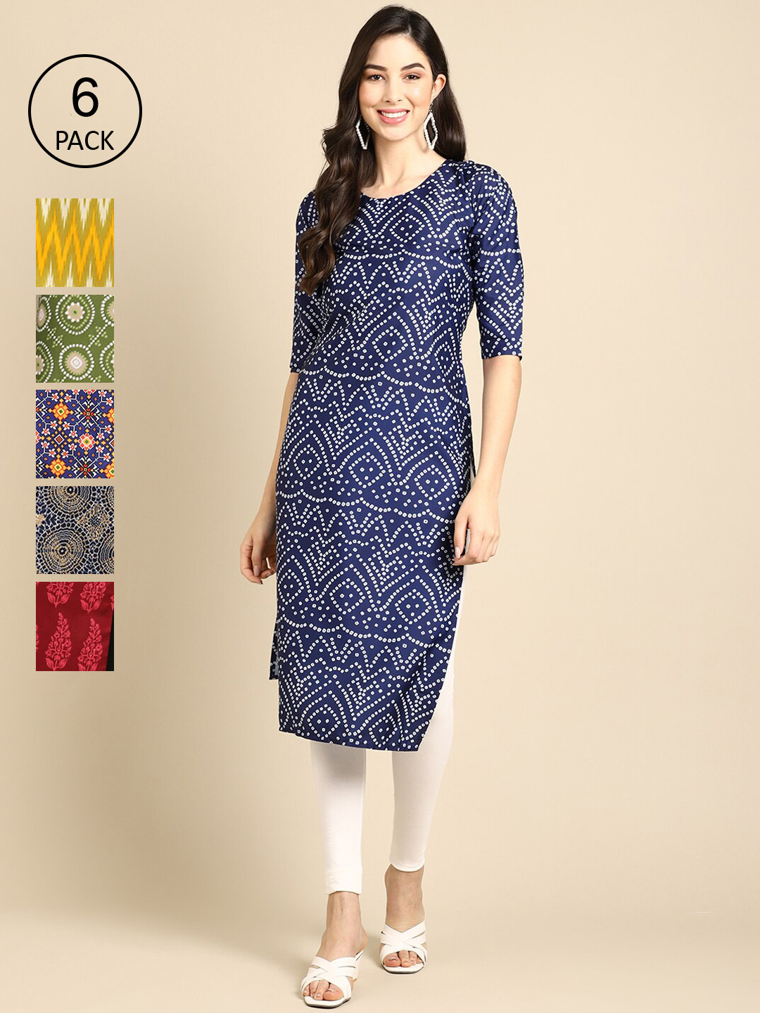 7Threads Women Set Of 6 Geometric Printed Round Neck Summer Sheers Crepe Kurta