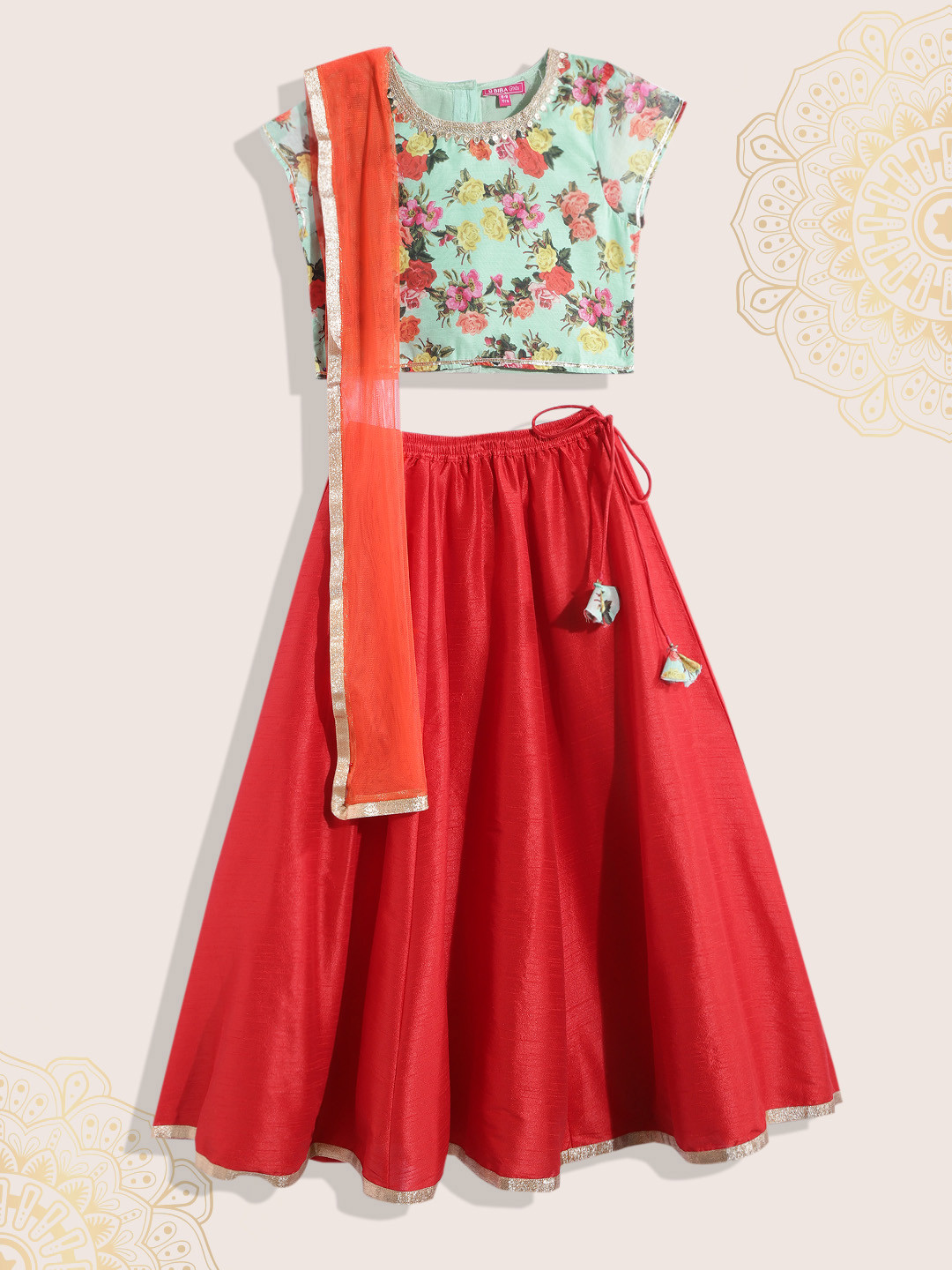 Biba Girls Red & Green Floral Printed Ready to Wear Lehenga & Blouse With Dupatta