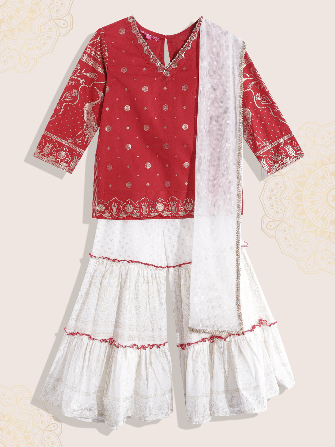 Biba Girls Red & White Ethnic Motifs Print Pure Cotton Kurti with Sharara &  Dupatta