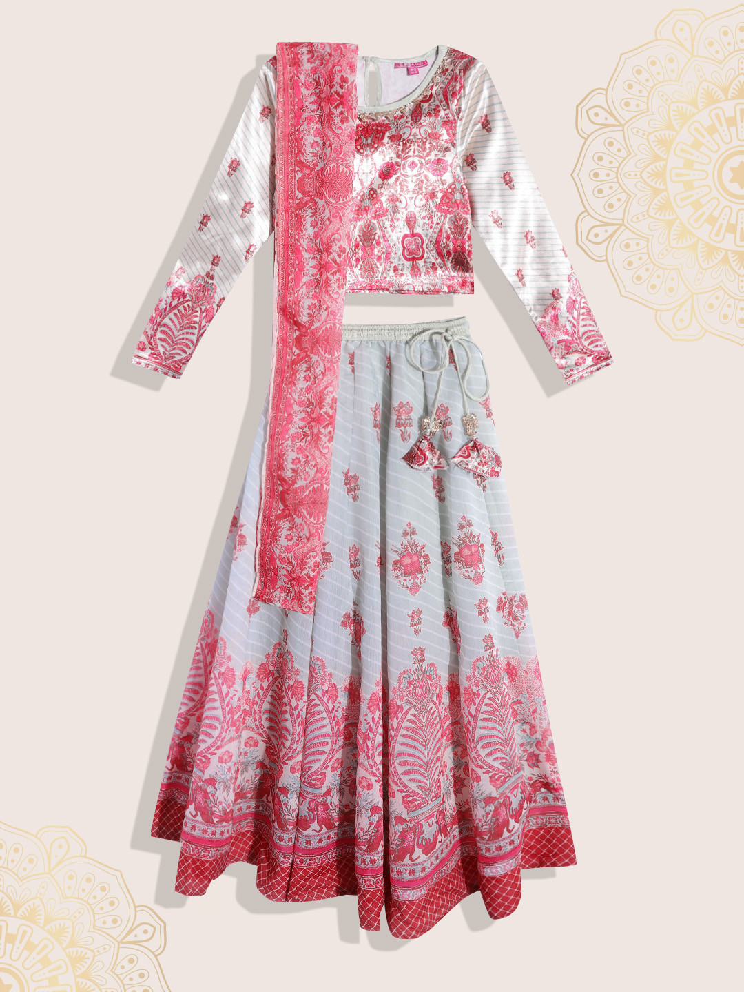 Biba Girls Pink & Sage Green Printed Gotta Patti Ready to Wear Lehenga & Blouse & Dupatta