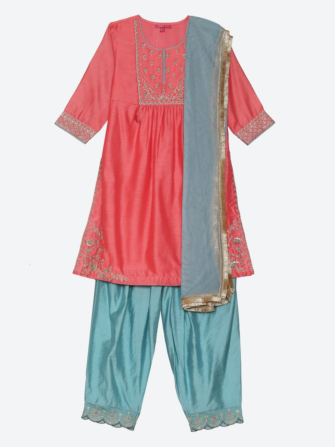 Biba Girls Coral Floral Yoke Design Pleated Sequinned Kurta with Palazzos & With Dupatta