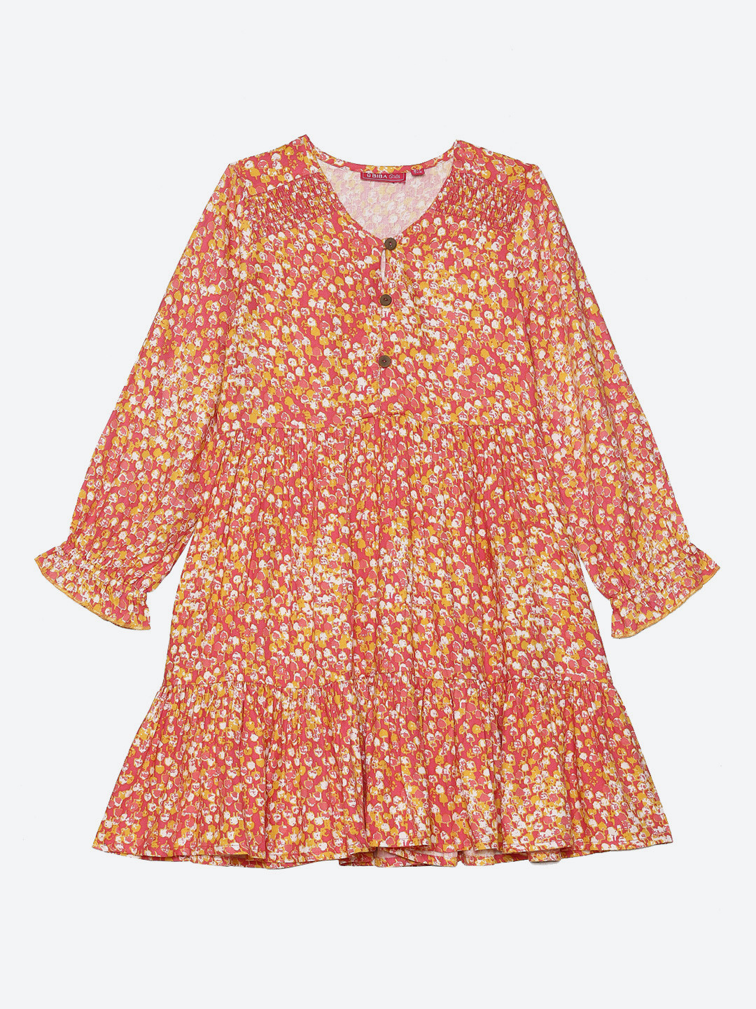Biba Peach-Coloured & Mustard Yellow Floral A-Line Dress