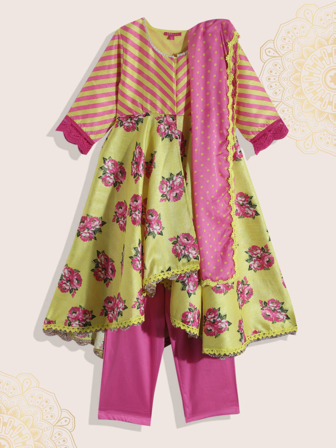 Biba Girls Green & Pink Floral Printed High-Low A-Line Kurta with Trousers & With Dupatta