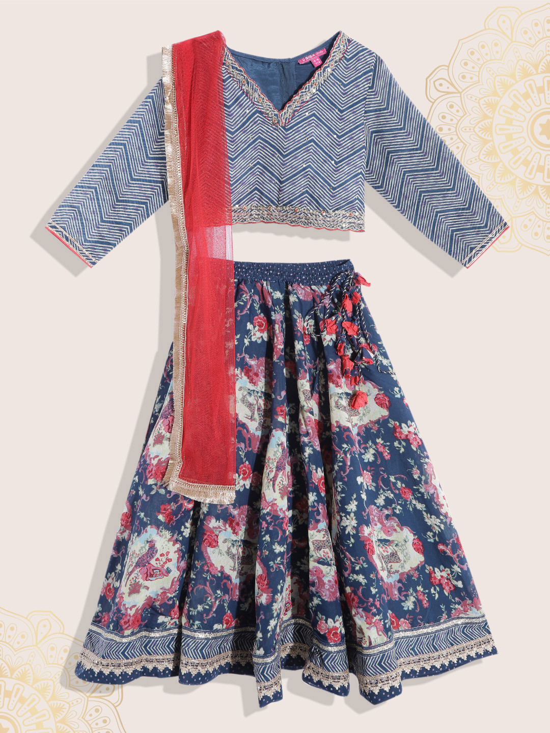 Biba Girls Navy Blue & Red Printed Gotta Patti Ready to Wear Lehenga & Blouse With Dupatta