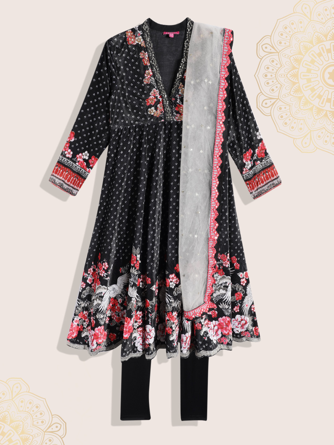 Biba Girls Floral Printed Sequinned Festive Kurta & Leggings with Dupatta