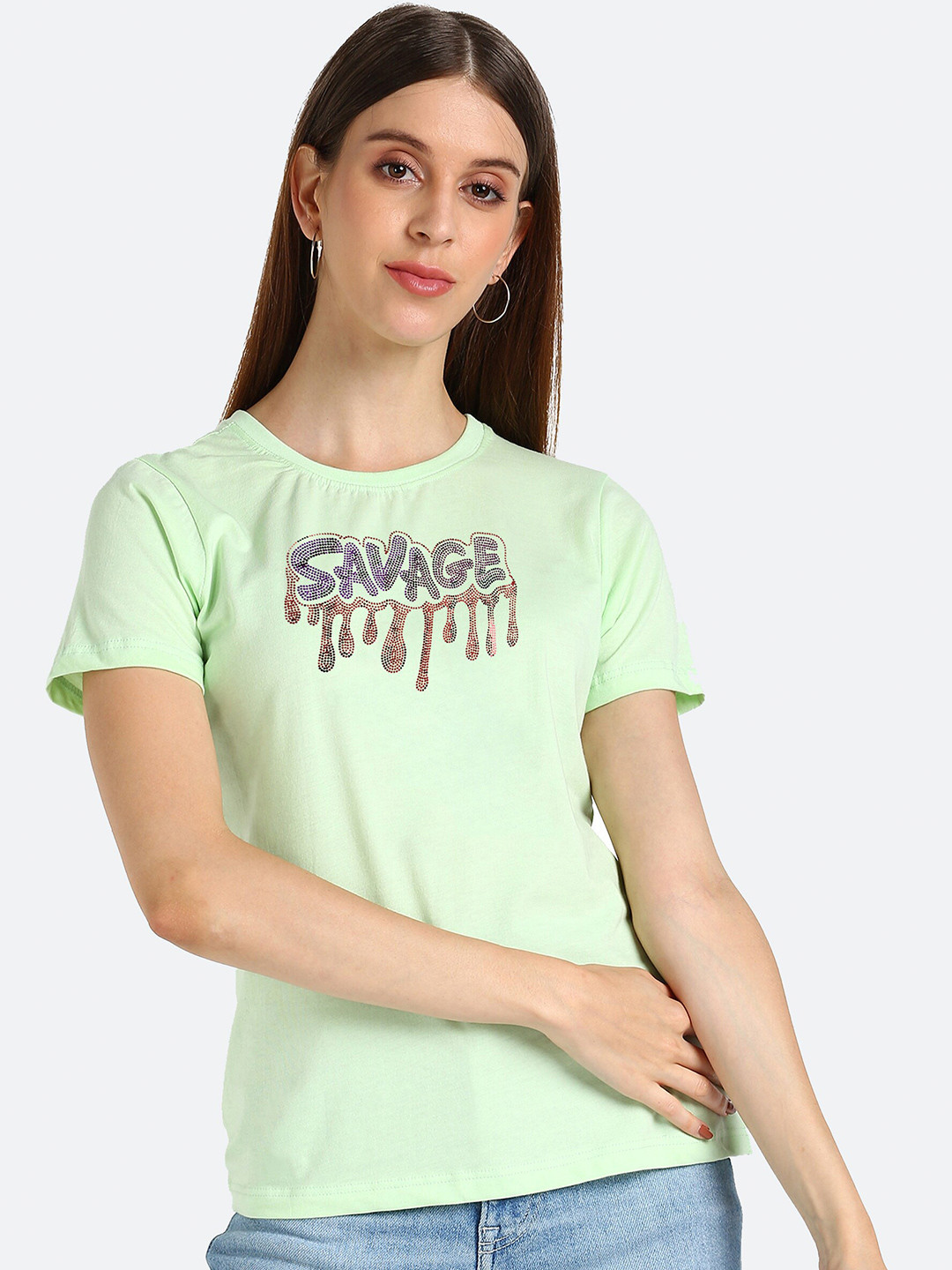 shashvi Women Sea Green Typography Printed Applique T-shirt