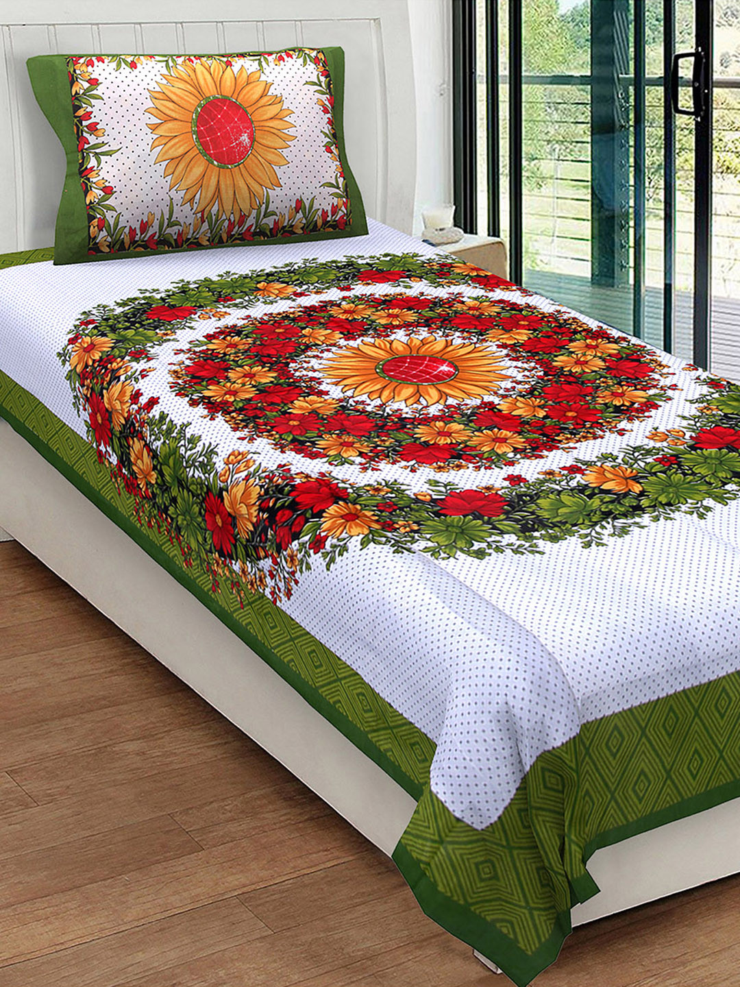 Urban Magic White Floral Cotton 104 TC Single Coarse Bedsheet with a Pillow Cover-93 x 83 inches