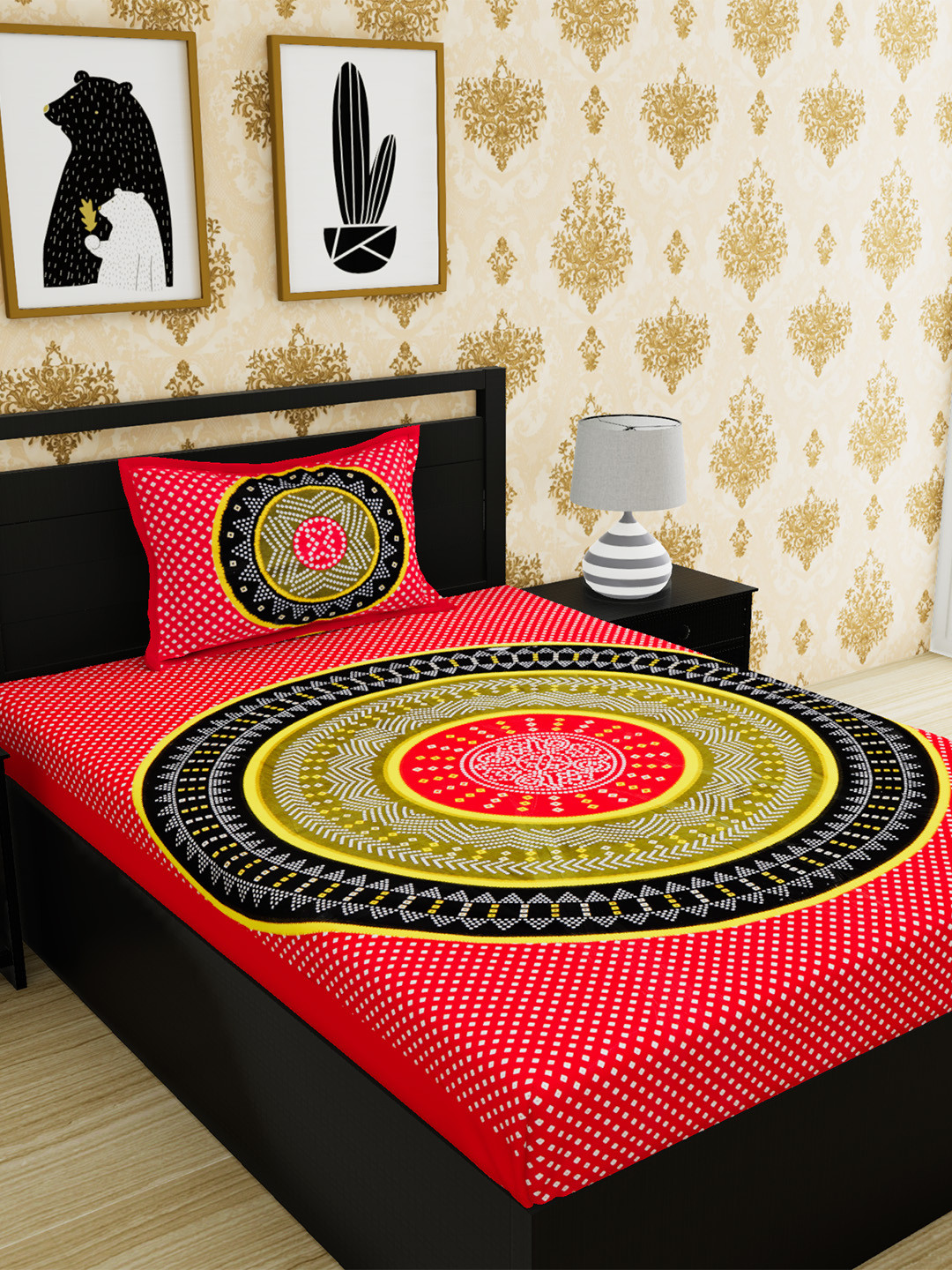 Urban Magic Red Geometric Cotton 104 TC Single Coarse Bedsheet with a Pillow Cover-85 x 55 inches