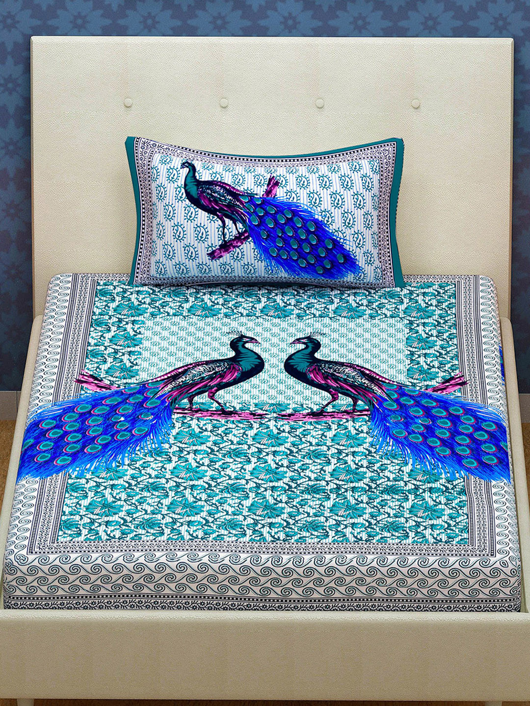 Urban Magic Green Ethnic Motifs Cotton 104 TC Single Coarse Bedsheet with a Pillow Cover-85 x 55 inches