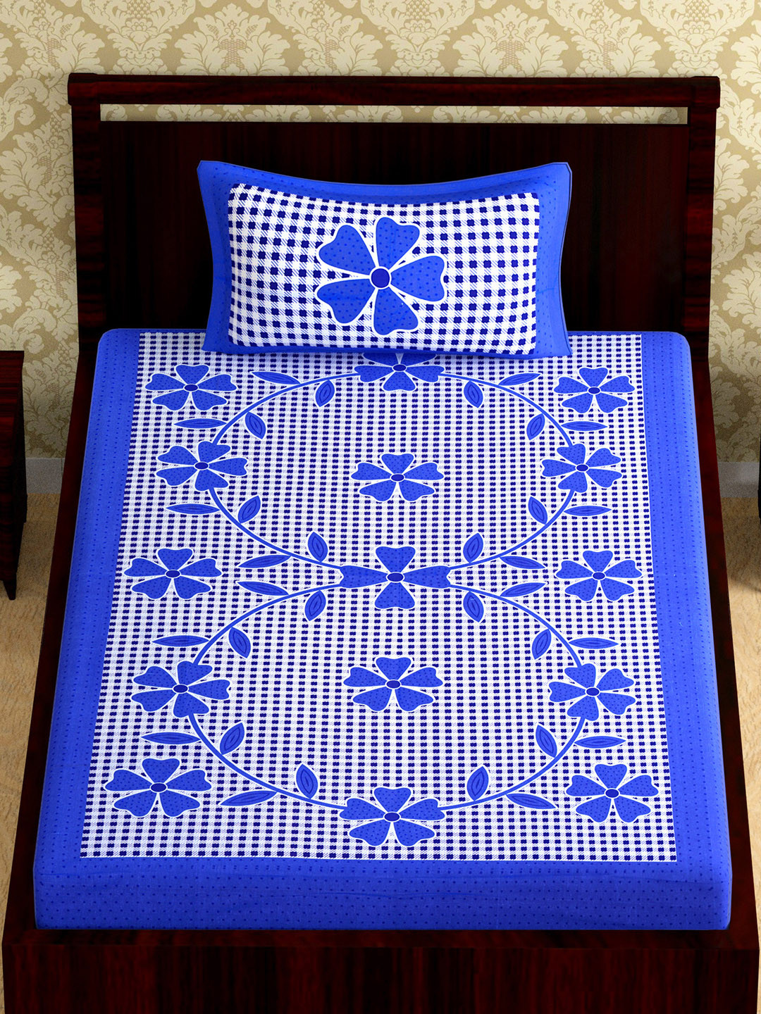 Urban Magic White Floral Cotton 104 TC Fitted Single Coarse Bedsheet with a Pillow Cover-85 x 57 inches