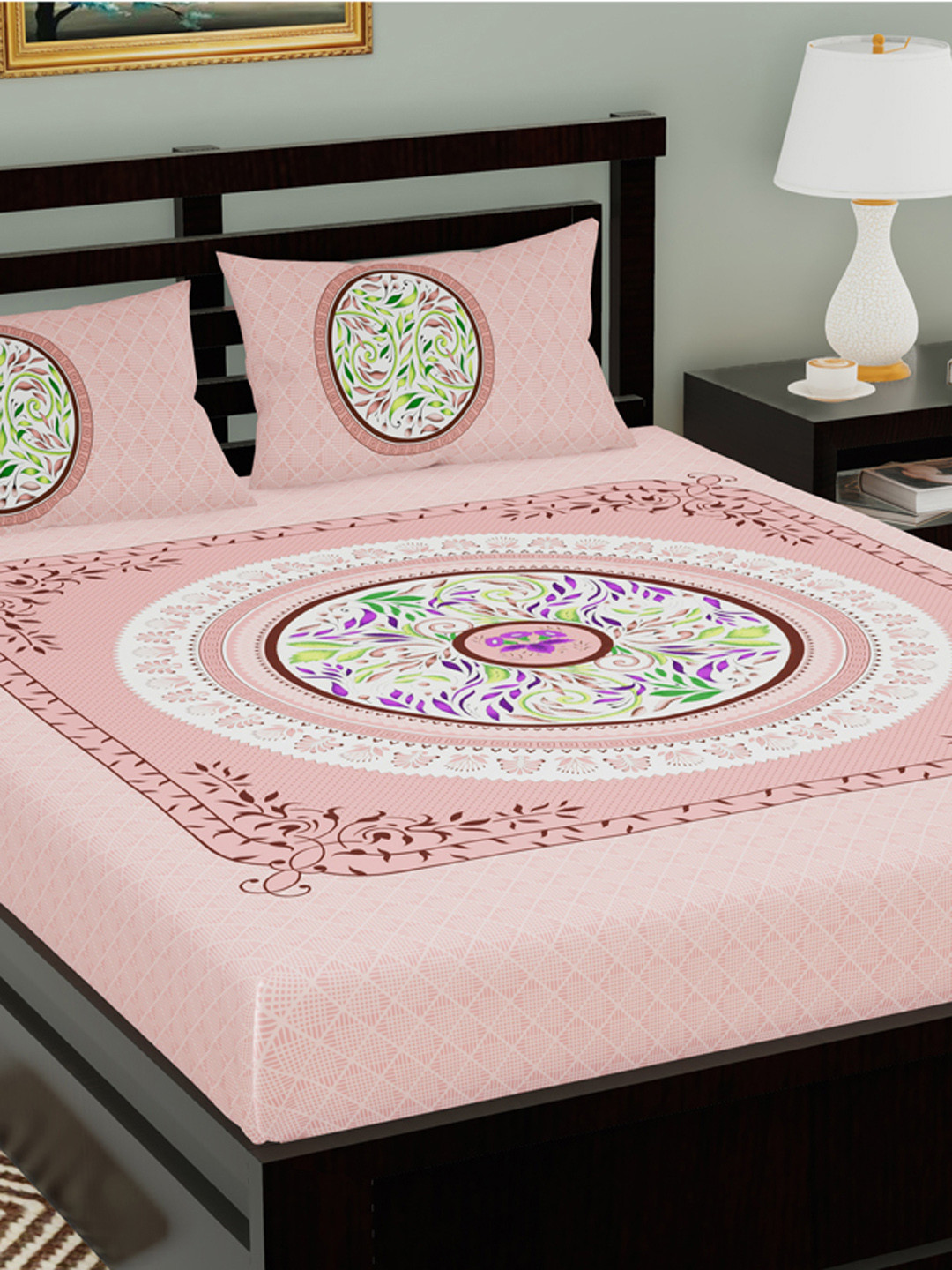 Urban Magic Peach 104 TC Cotton Printed Double Bedsheet with 2 pillow covers