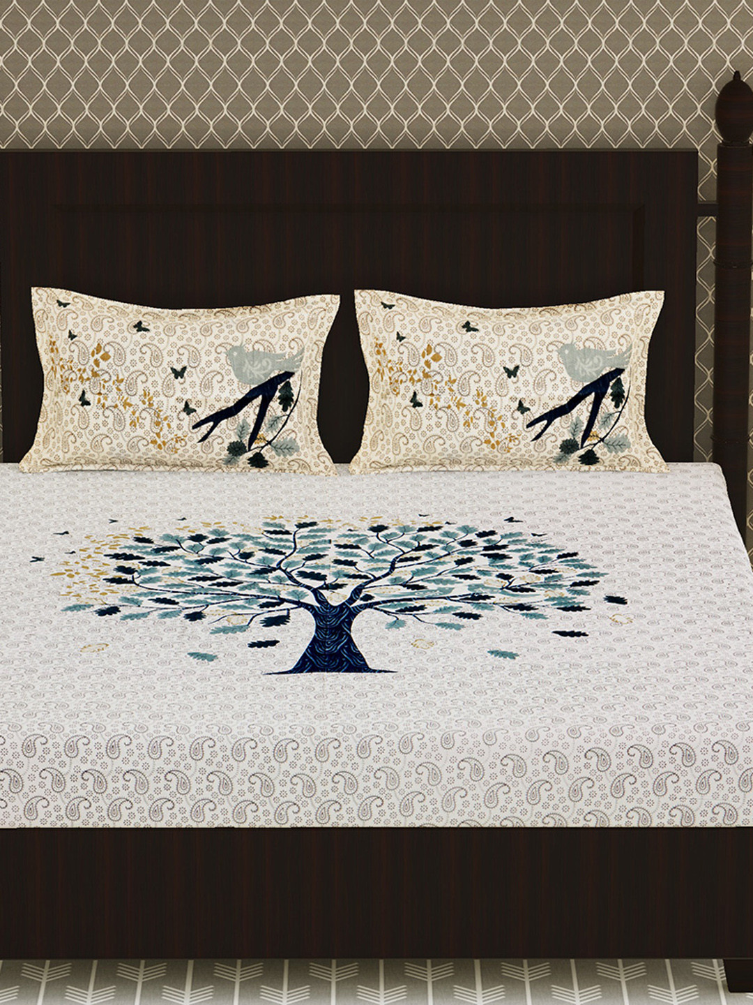 Urban Magic Gold Paisley Cotton 104 TC Queen Coarse Bedsheet with 2 Pillow Covers-93 x 83 inches