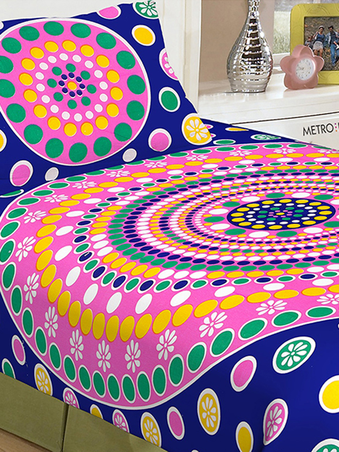 Urban Magic Blue Ethnic Motifs Cotton 104 TC Single Coarse Bedsheet with a Pillow Cover-87 x 93 inches