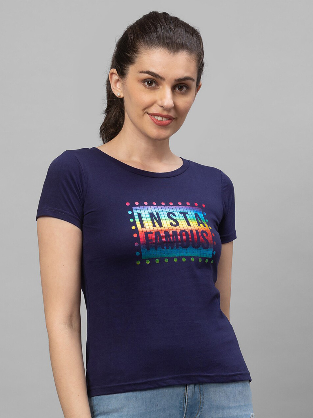 Globus Women Navy Blue Typography Printed Cotton T-shirt