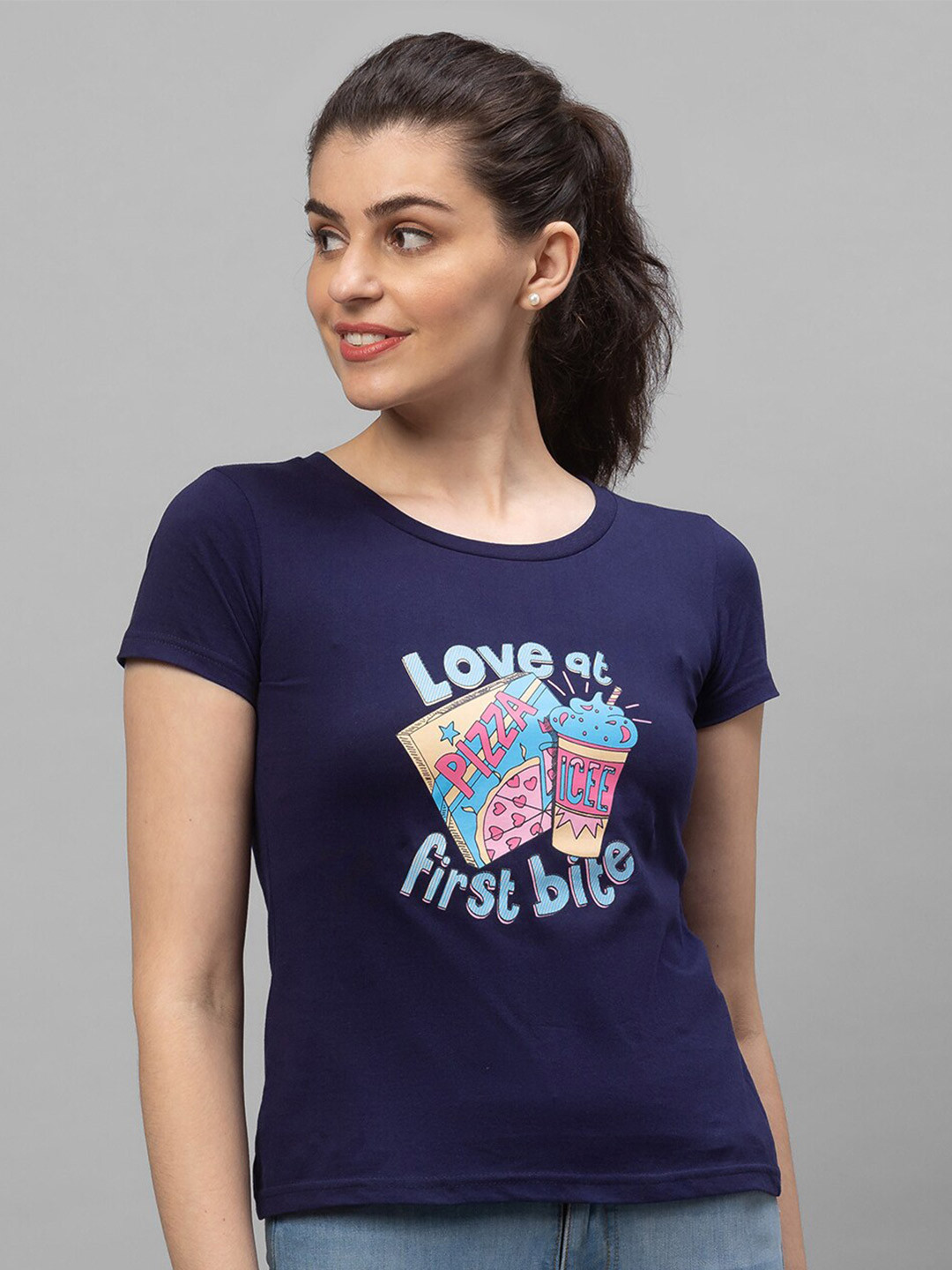 Globus Women Navy Blue Printed Cotton T-shirt