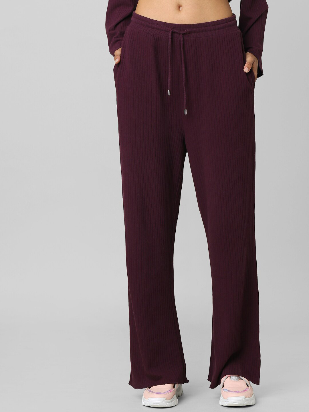 ONLY Women Maroon High-Rise Wide Leg Trousers
