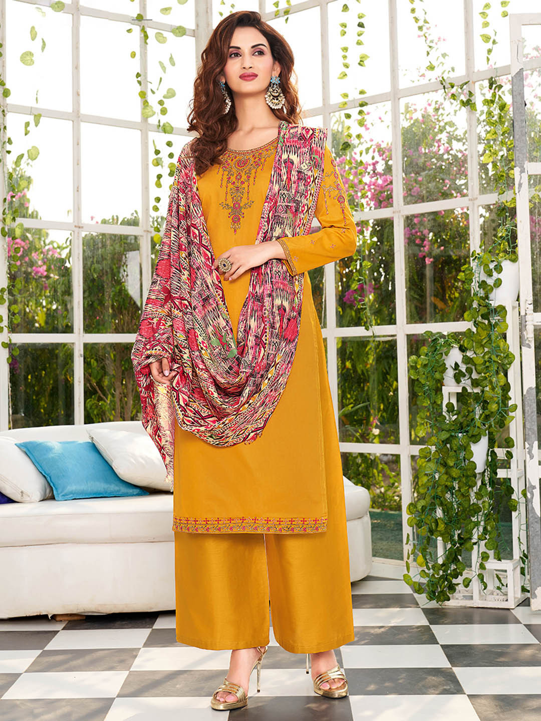 Shaily Mustard Yellow & Pink Embroidered Pure Cotton Unstitched Dress Material
