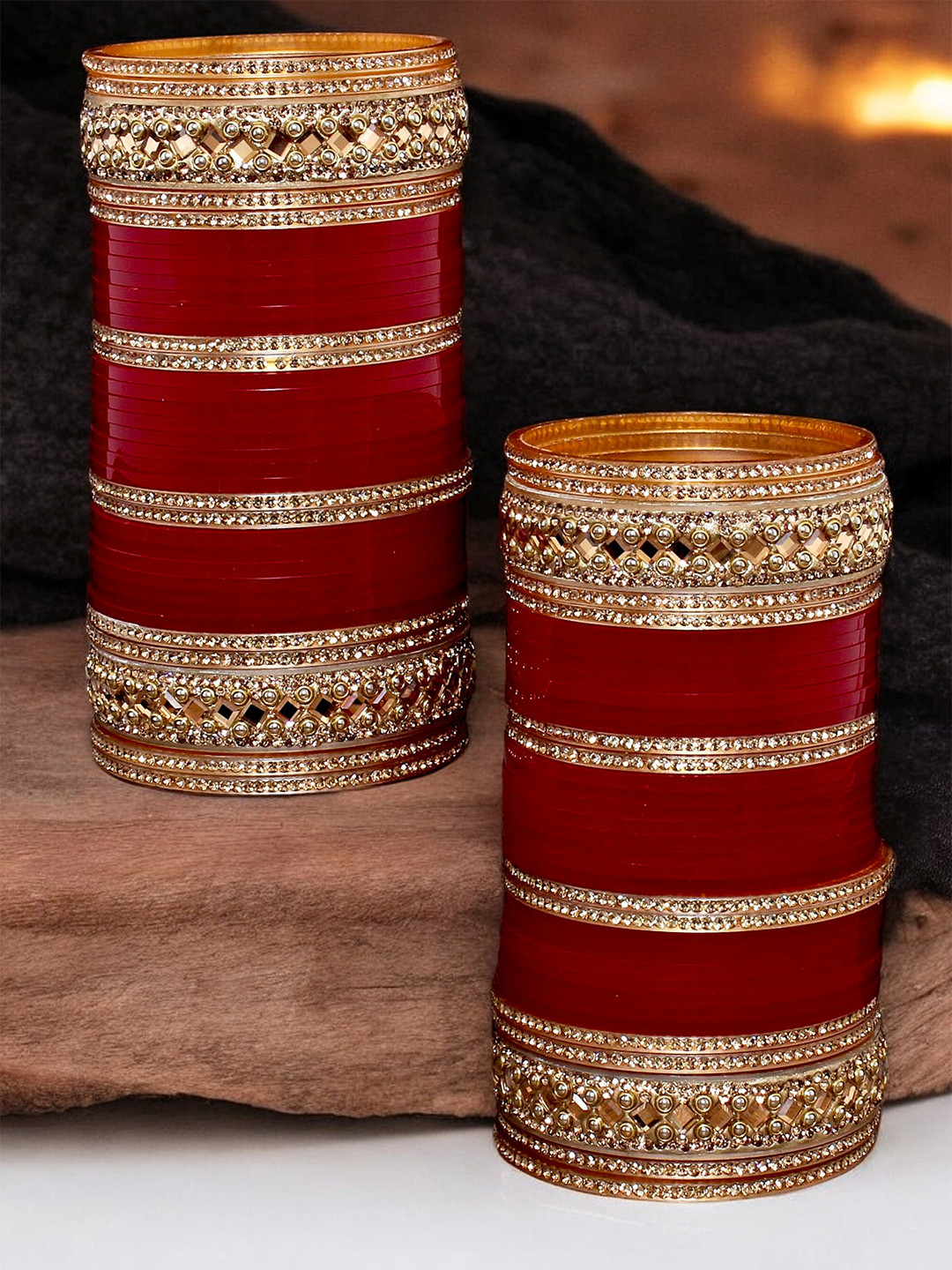 LUCKY JEWELLERY Gold-Toned & Maroon CZ & Pearl Studded Chura Bangle Set