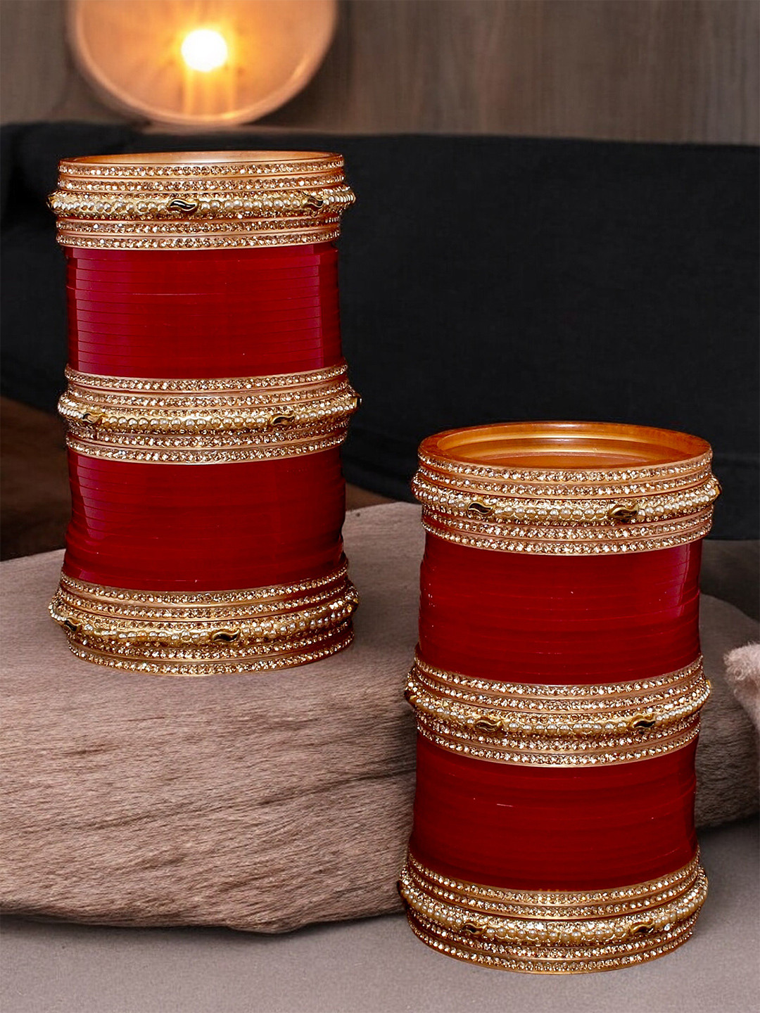 LUCKY JEWELLERY Women Gold-Plated Maroon & White Stone Studded Punjabi Chuda Bangles Set