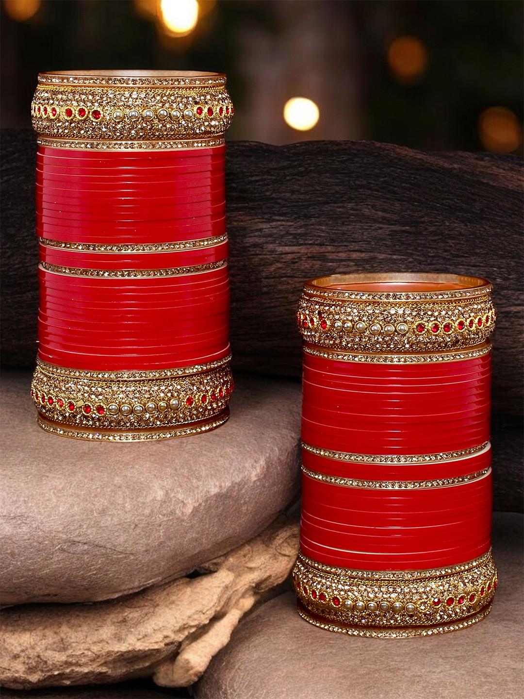 LUCKY JEWELLERY Red CZ Stone-Studded Punjabi Chuda Bridal Wedding Bangle Set