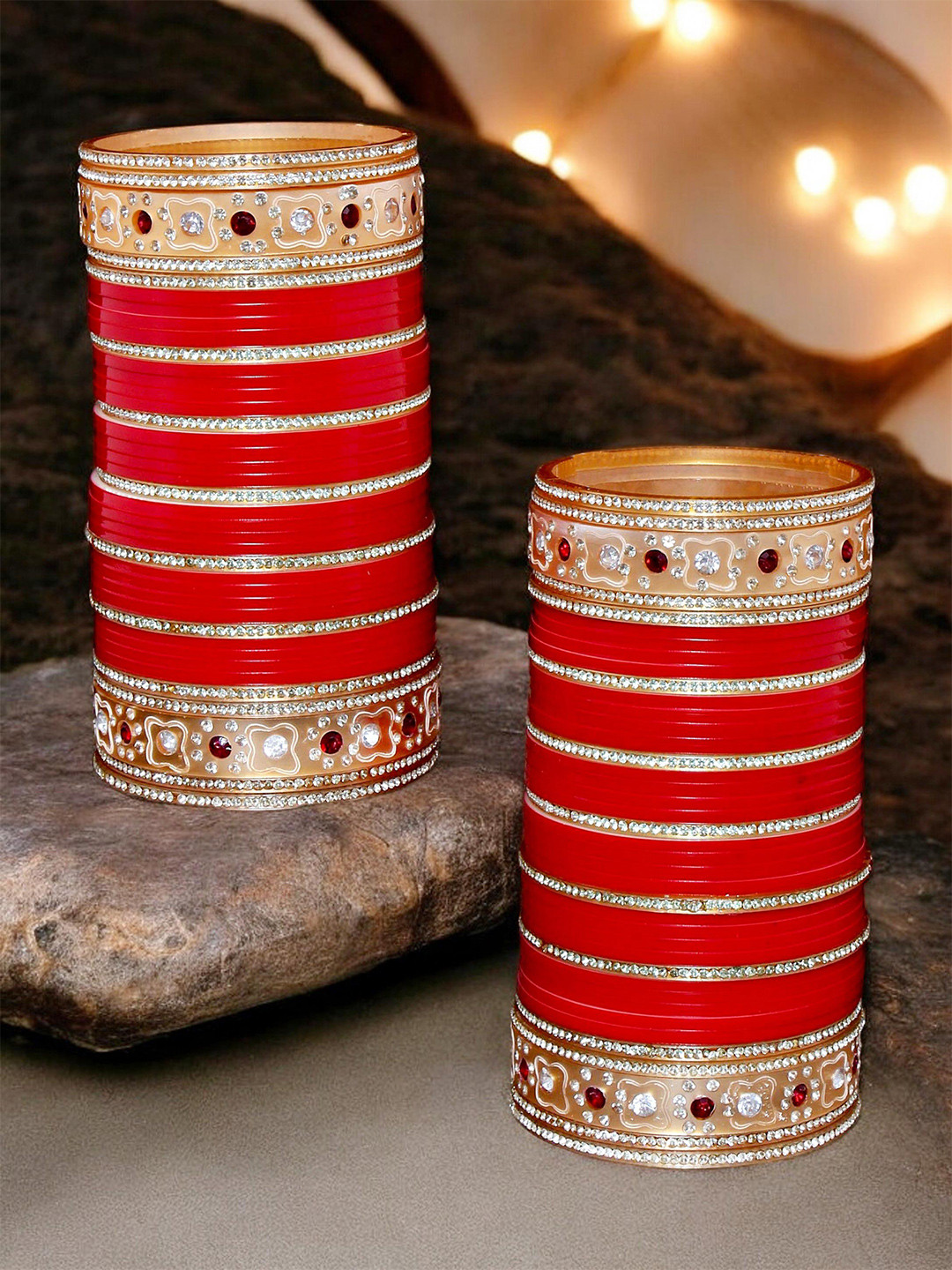 LUCKY JEWELLERY Women Red & White CZ Studded Stone Bridal Bangles Set