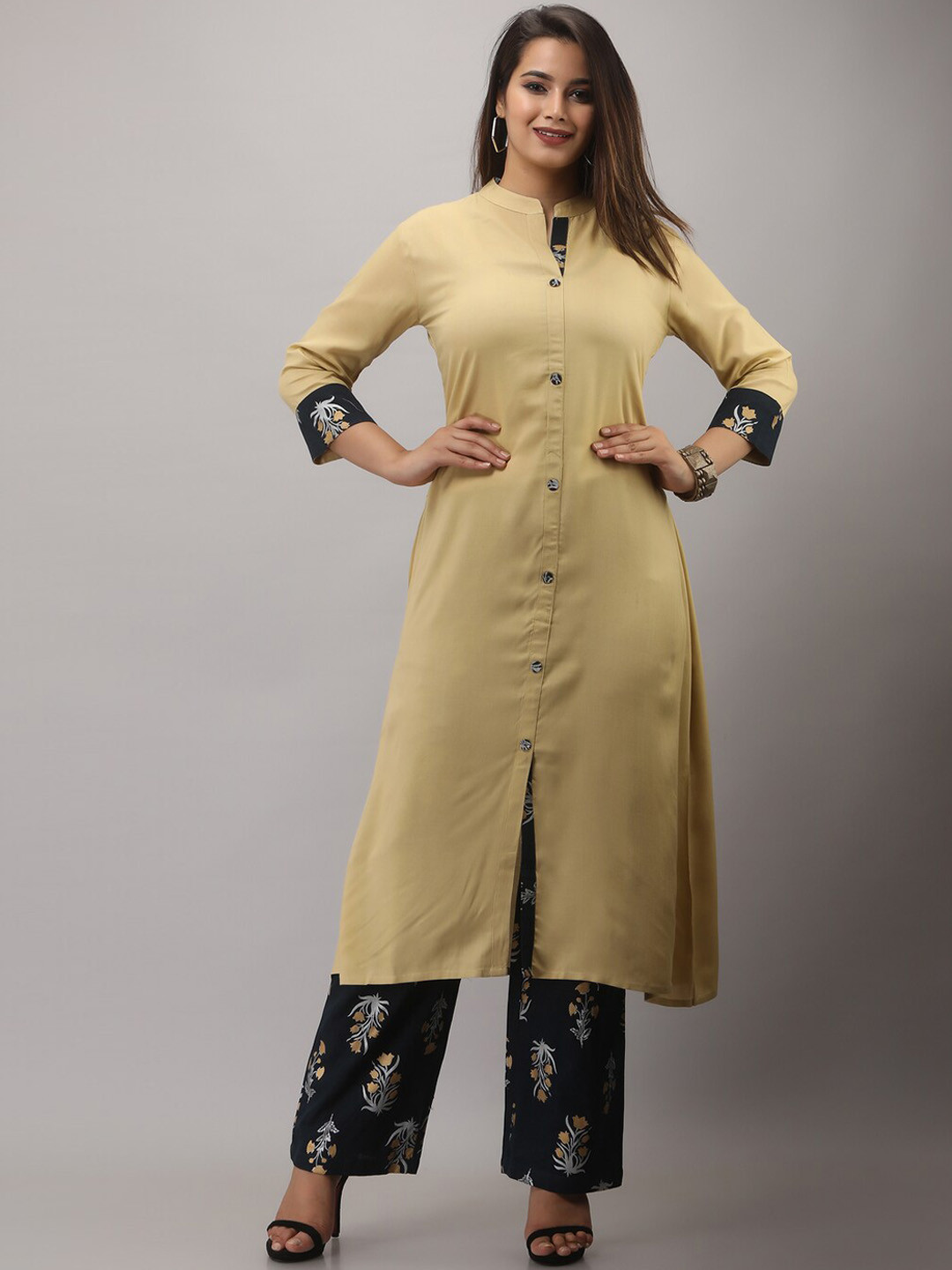 MAUKA Women Beige Solid A-Line Kurta with Floral Print Palazzo