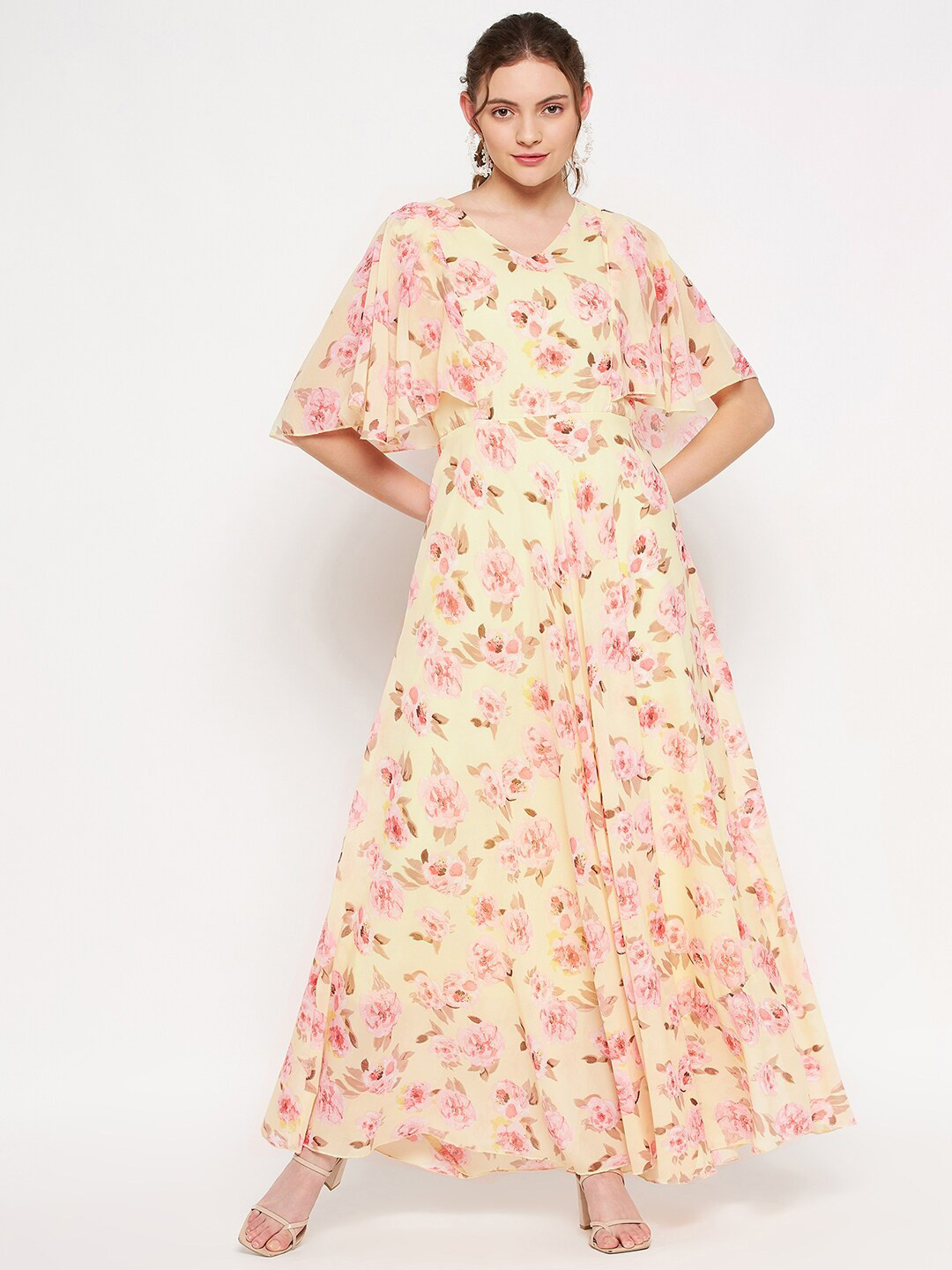 HELLO DESIGN Yellow & Pink Floral Georgette Maxi Dress