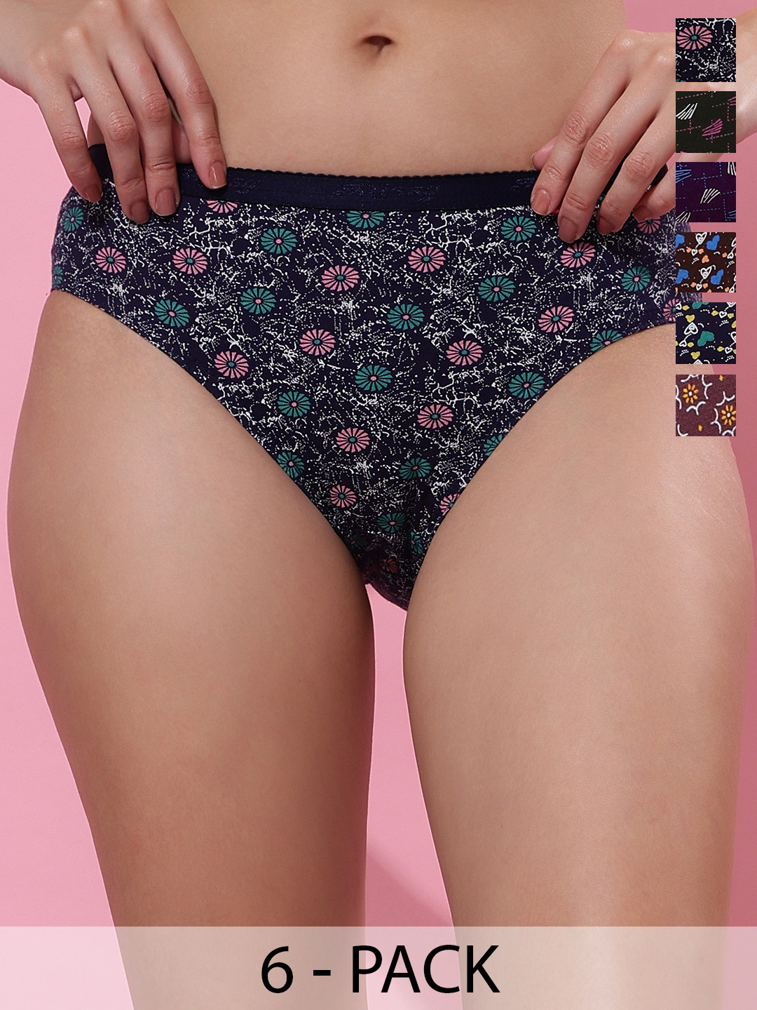 Dollar Missy Women Pack Of 6 Purple & Black Printed Cotton Basic Briefs