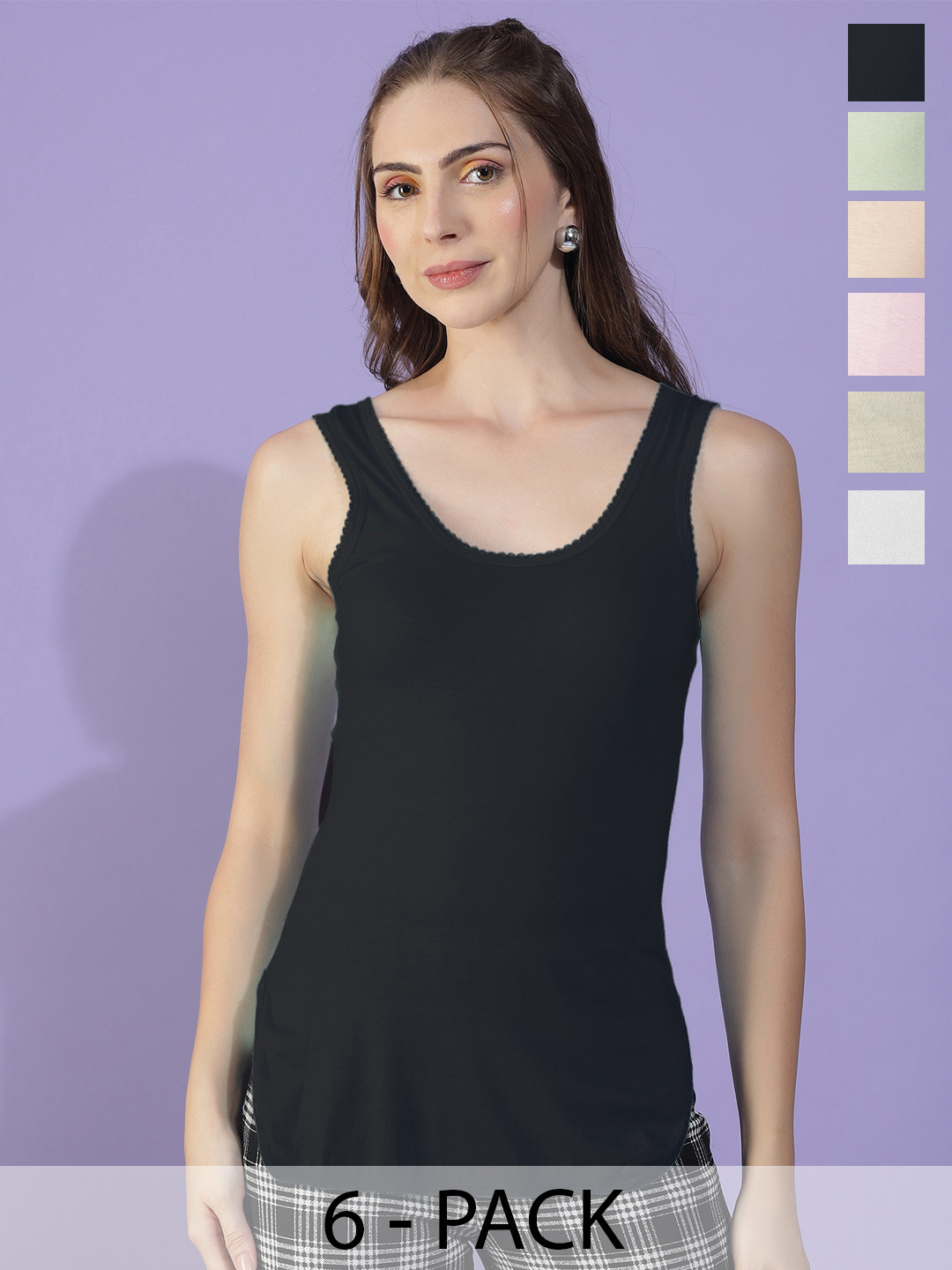 Dollar Missy Pack of 6  Combed Cotton Camisole MMBB-341#R3#S2-BLK-WH-SK-LO-LP-LG-PO6