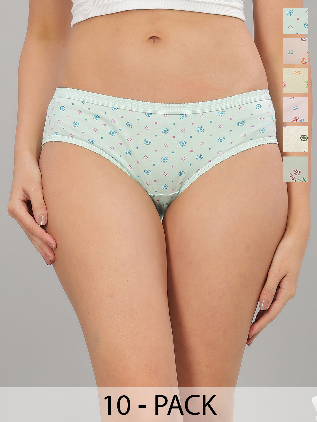 Dollar Missy Pack of 10 Women Combed Cotton Light Printed Outer Elasticated Hipster Panty