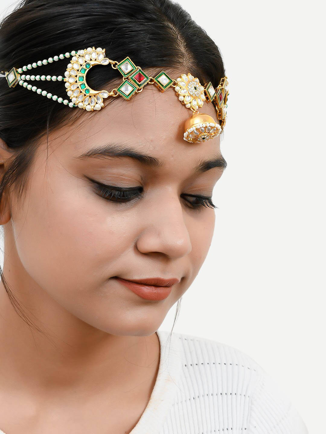 Silvermerc Designs Gold Plated Green & White Kundan Studded Wedding Sheeshphool