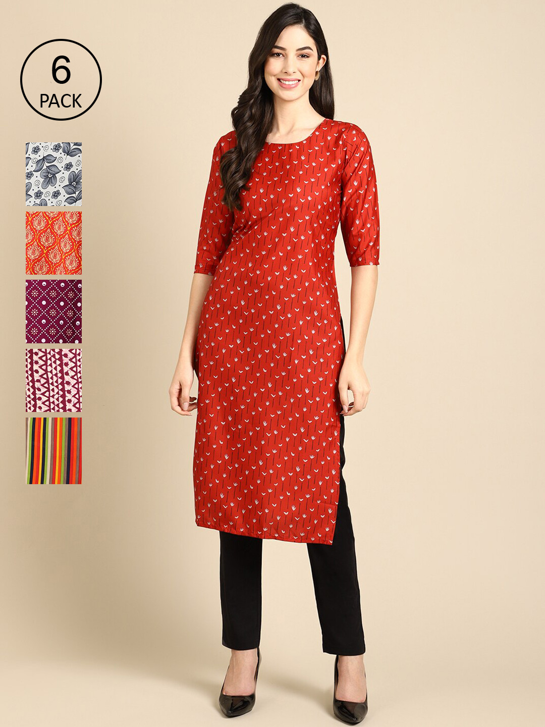 7Threads Women Pack of 6Red & Orange Ethnic Motifs Printed Crepe Kurta