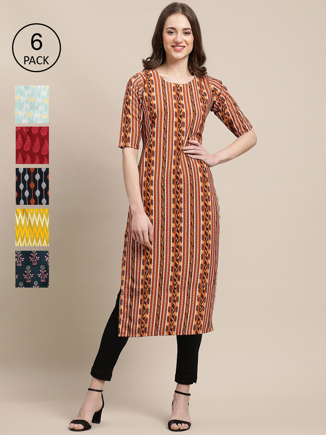 7Threads Women Pack of 6 Ethnic Motifs Printed Summer Sheers Crepe Kurta