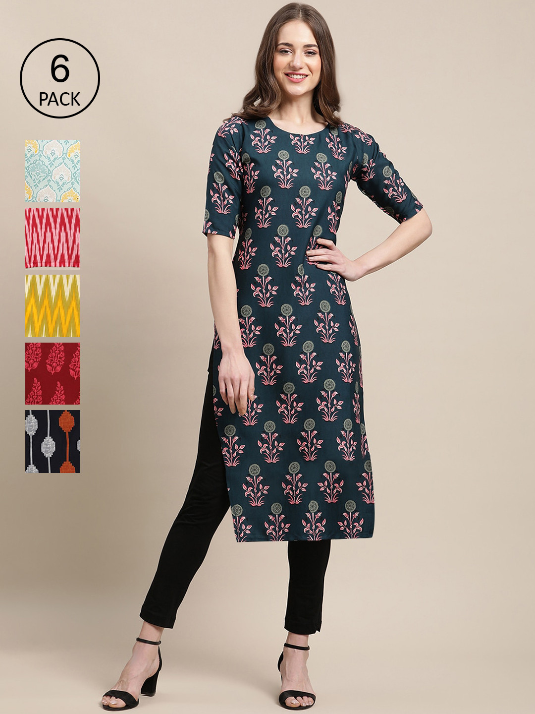 7Threads Women Red And Blue Geometric Summer Sheers Crepe Kurta PACK OF 6