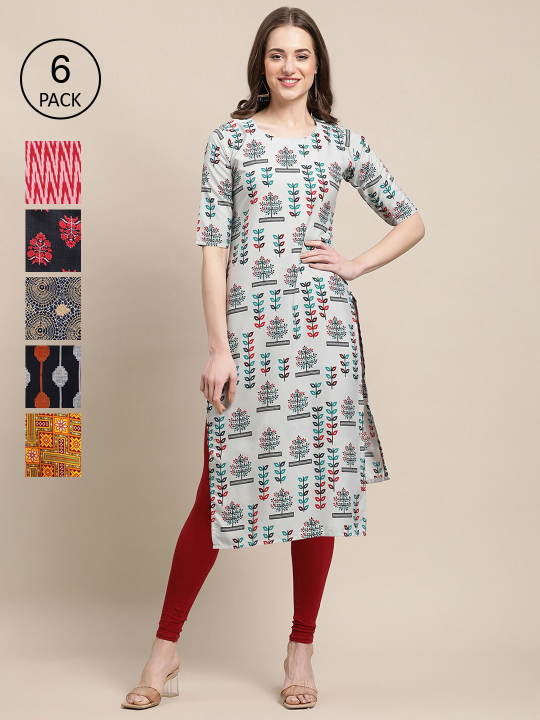 7Threads Women Red And Blue And Red Printed Summer Sheers Crepe Kurta PACK OF 6