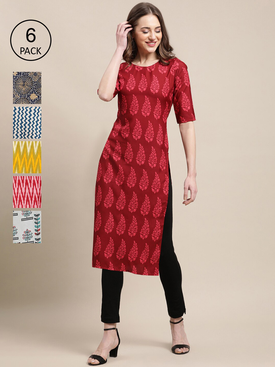 7Threads Women Red And White Geometric Summer Sheers Crepe Kurta PACK OF 6