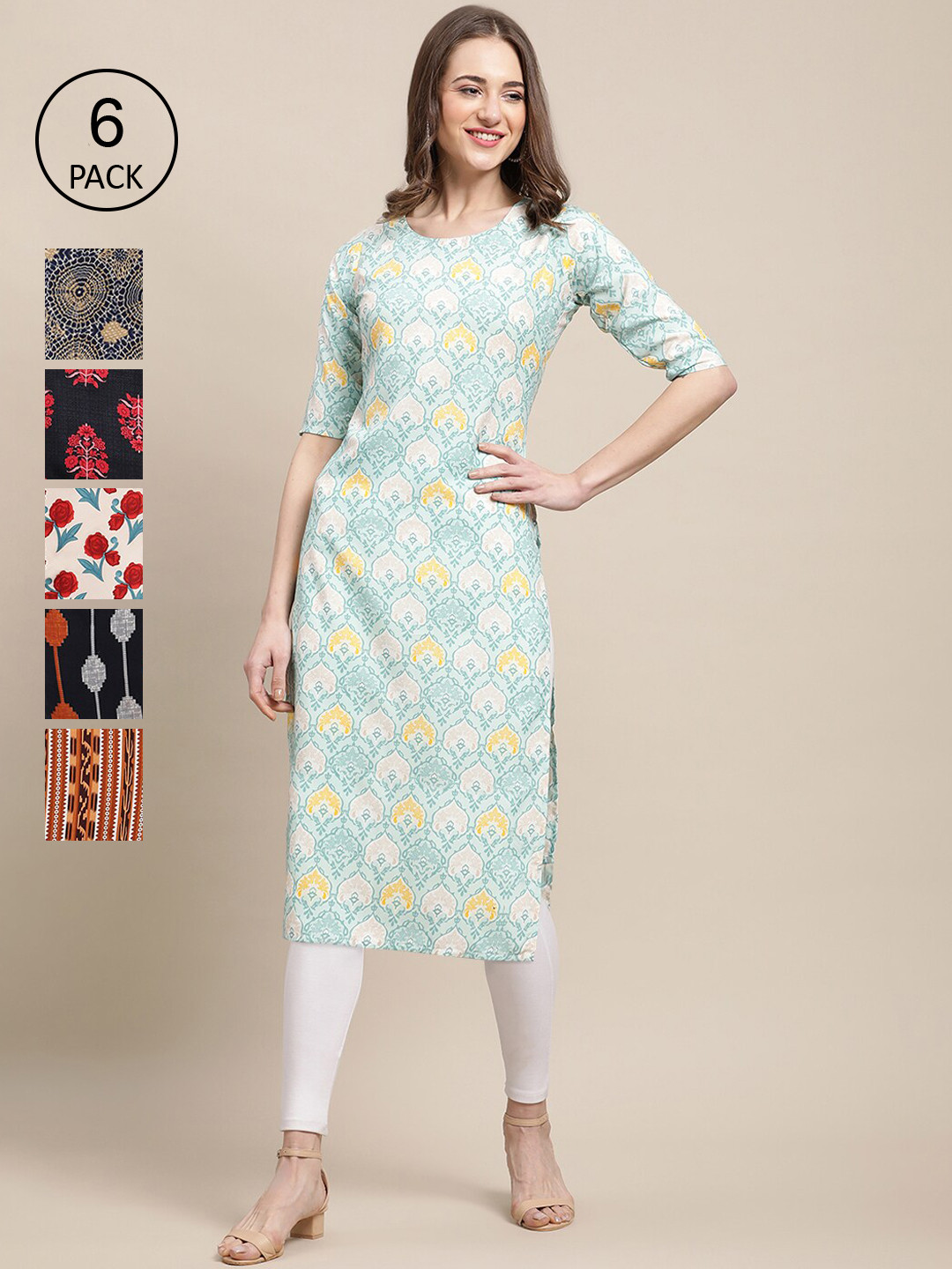 KALINI Women Set Of 6 Geometric Printed Round Neck Summer Sheers Crepe Kurta
