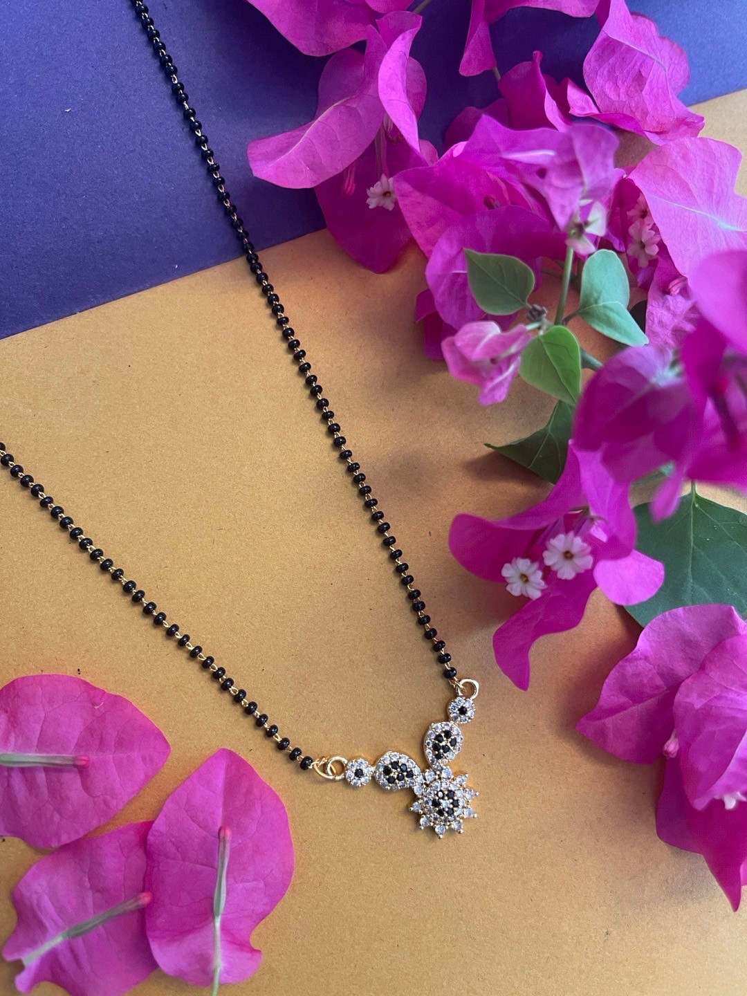 Digital Dress Room Gold-Plated Black & White Stone & Bead Studded Mangalsutra