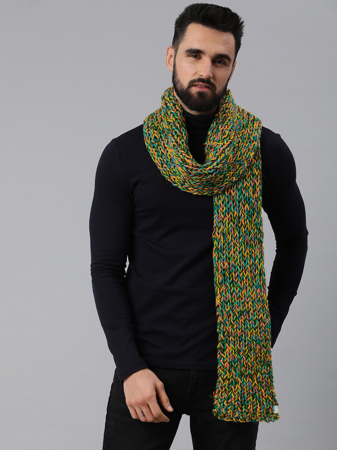 Magic Needles Unisex Green & Mustard Embroidered Scarf