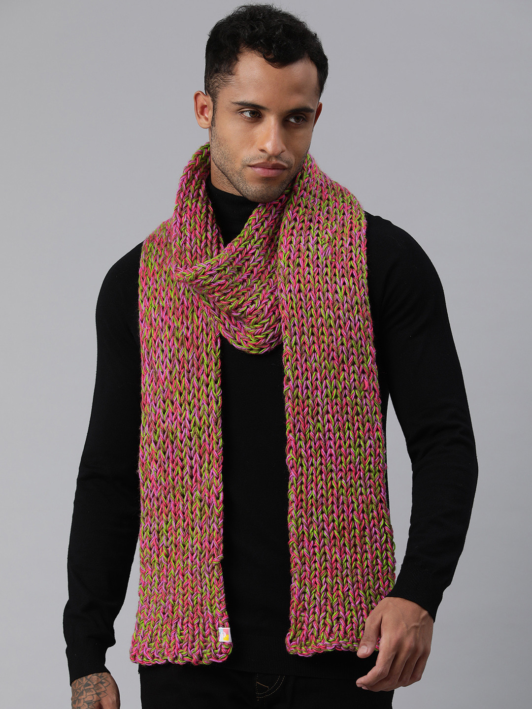 Magic Needles Unisex Pink & Green Embroidered Scarf