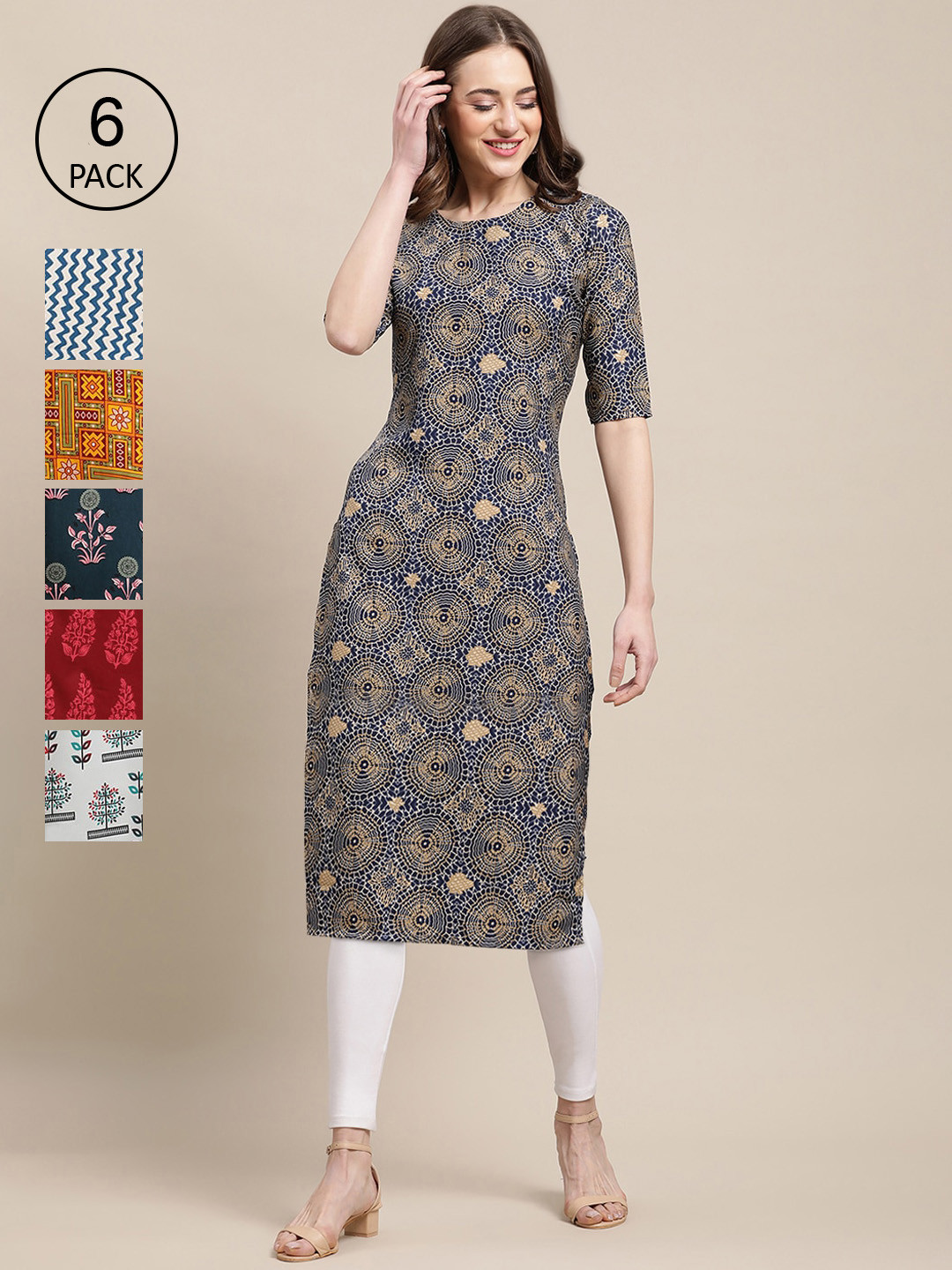 7Threads Women Pack Of 6 Coloured Geometric Printed Block Print Crepe Kurta