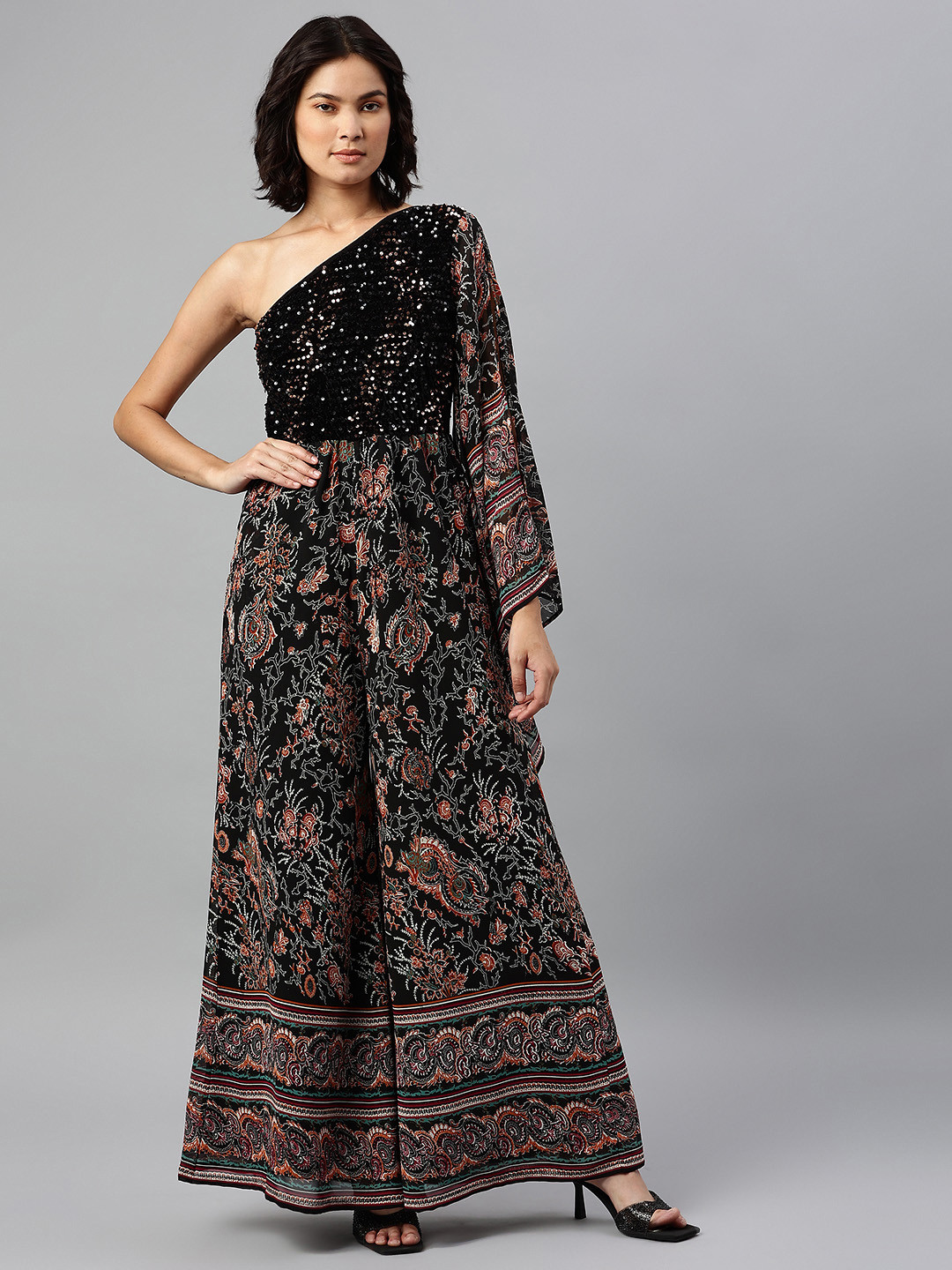 Cottinfab Black & Red Printed Sequin Embellished One Shoulder Jumpsuit