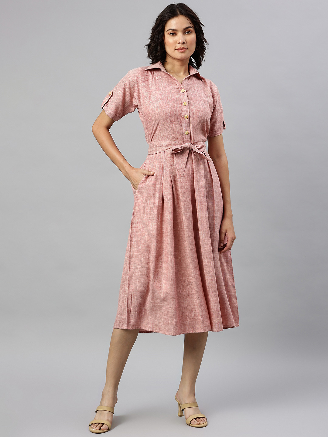 Cottinfab Pink Shirt Midi Dress