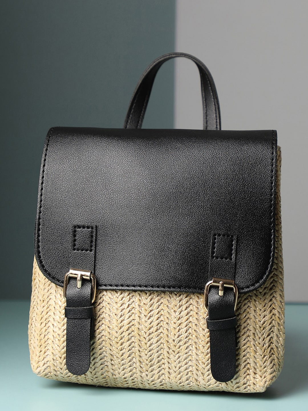 HAUTE SAUCE  Black Colourblocked PU Structured Handheld Bag