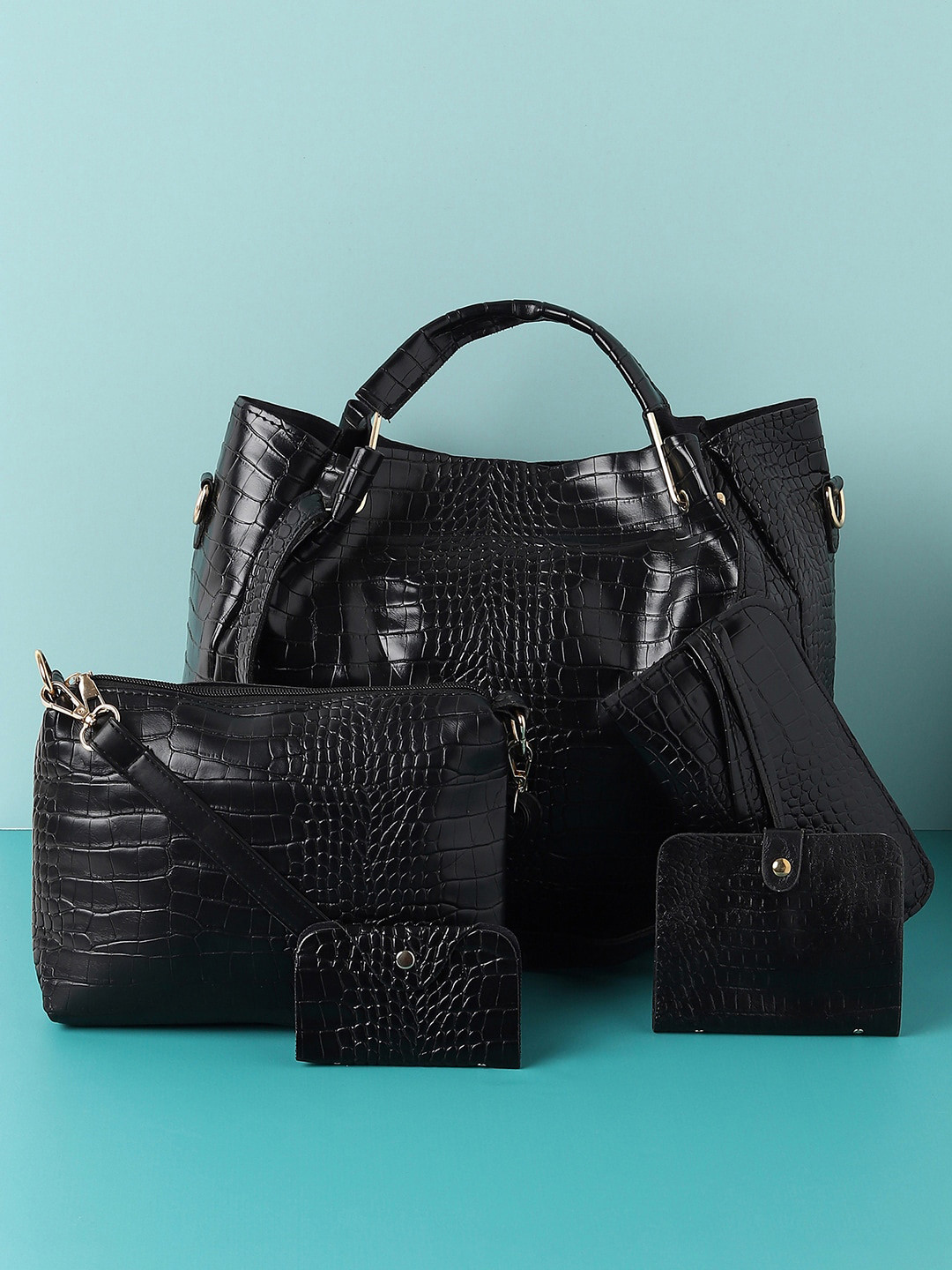 HAUTE SAUCE  Black PU Oversized Structured Handheld Bag Combo Of 4