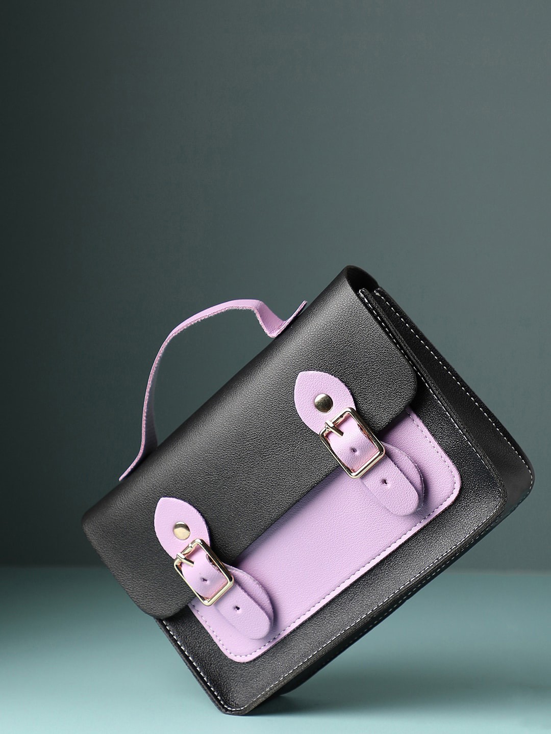 HAUTE SAUCE  Black Colourblocked PU Structured Handheld Bag